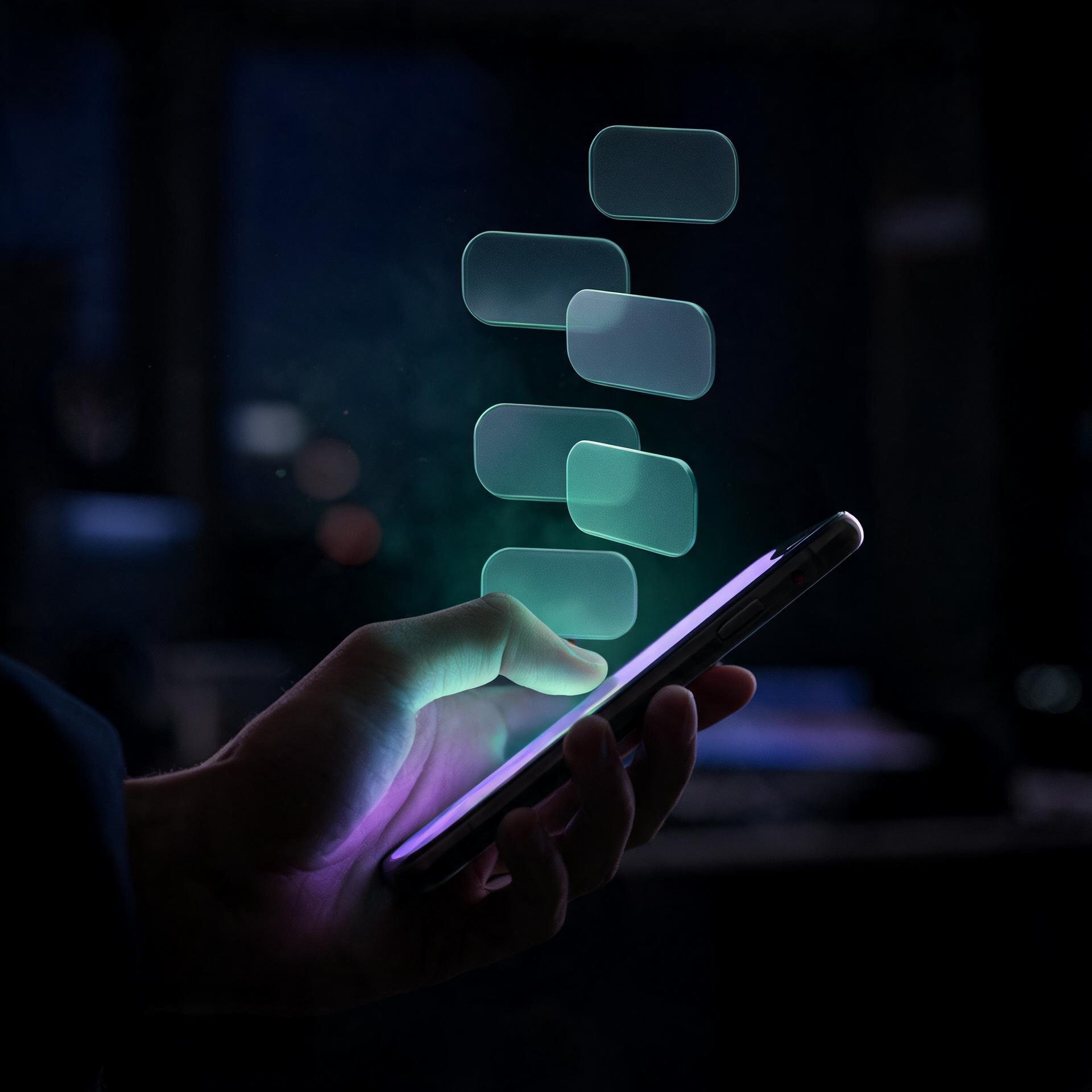 A phone glowing in a dark office as messages arrive